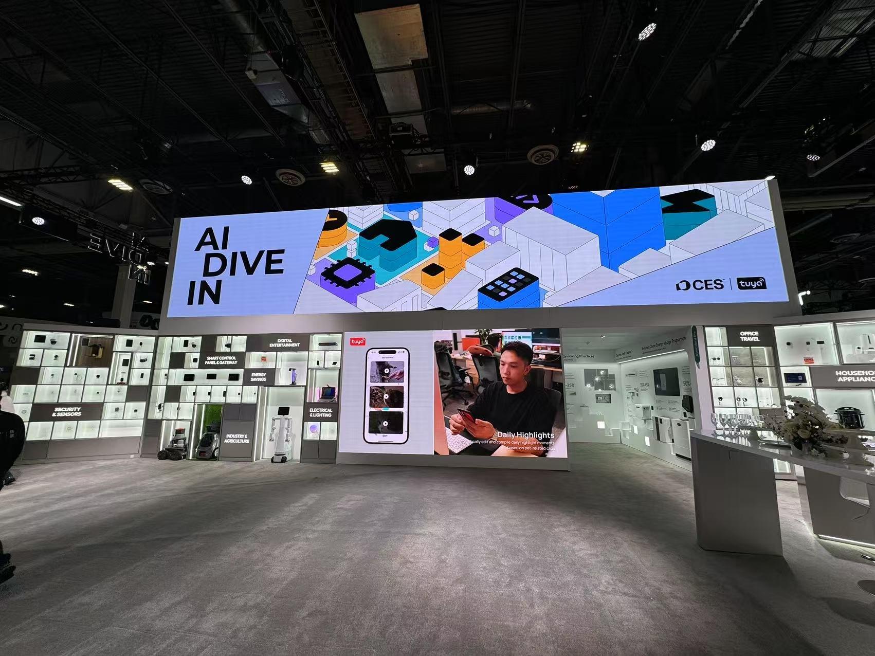 Large LED video wall lit on a show floor