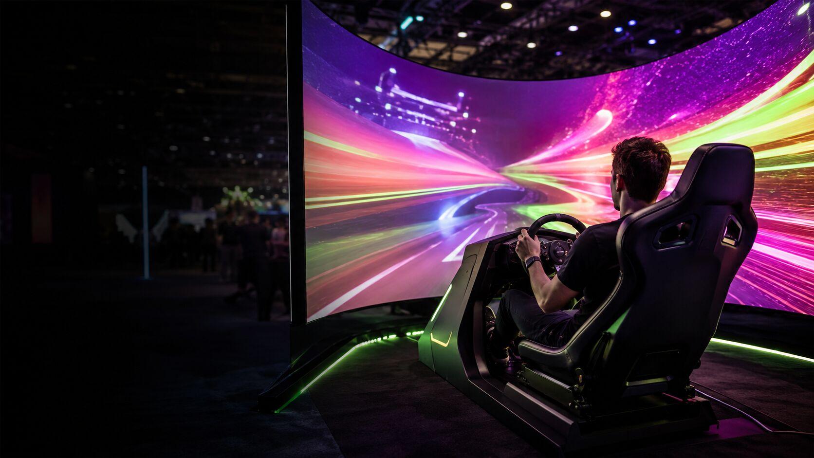 Racing simulator on a curved LED wall