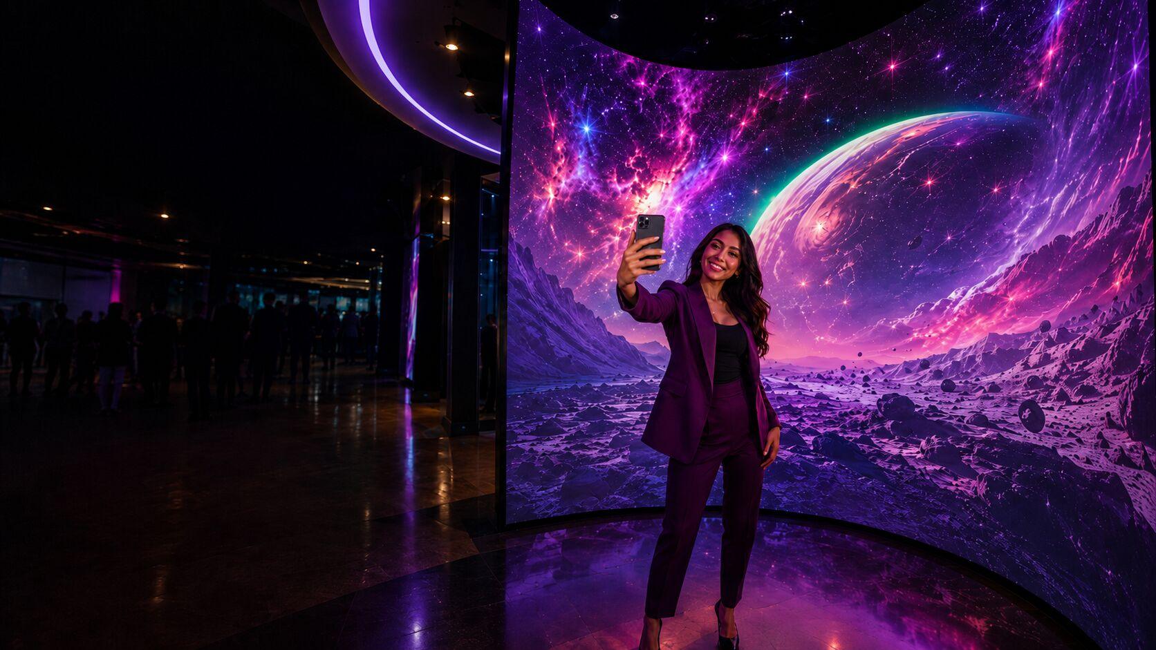 Attendee at an immersive selfie wall