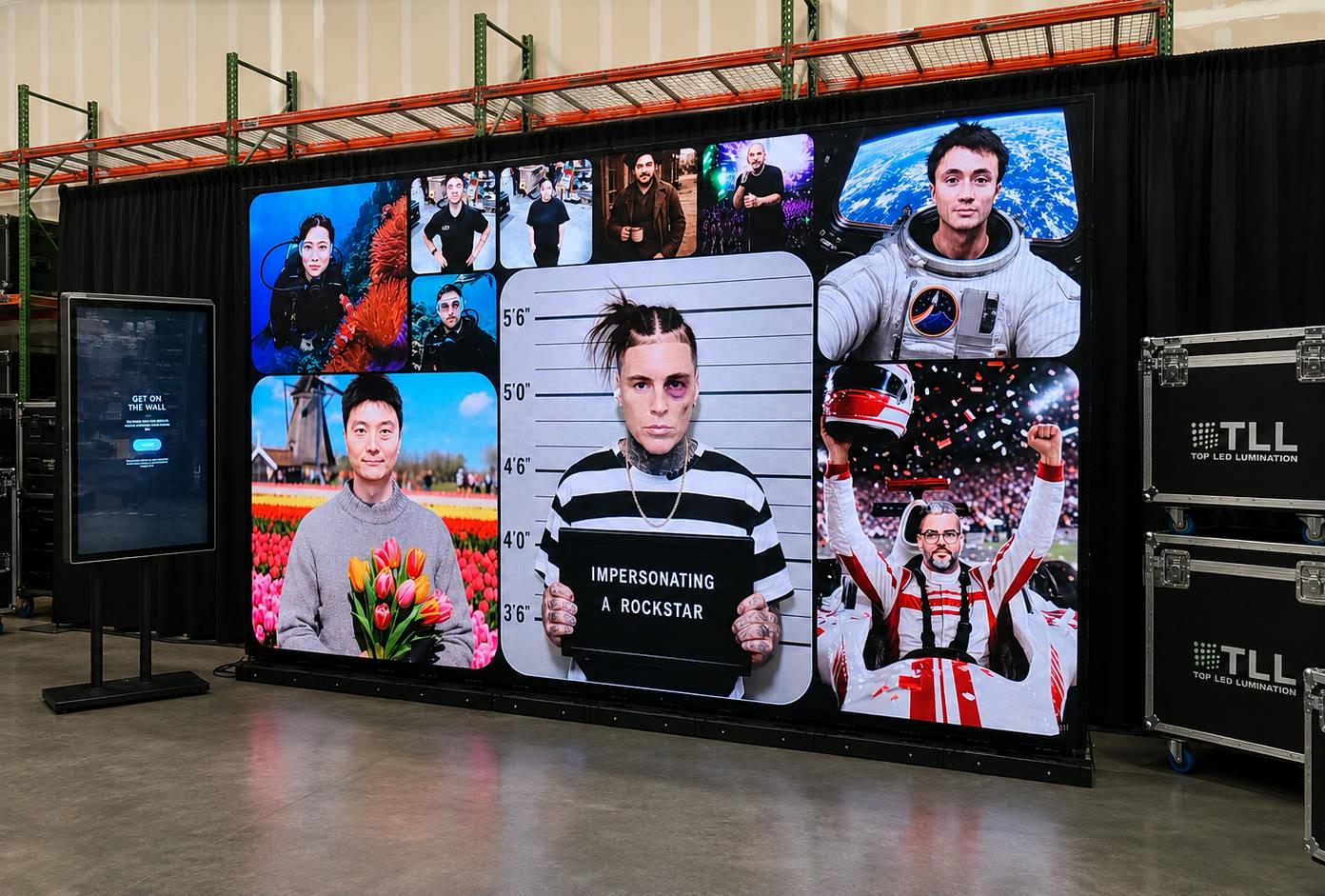 AI selfie mosaic wall on a trade-show floor