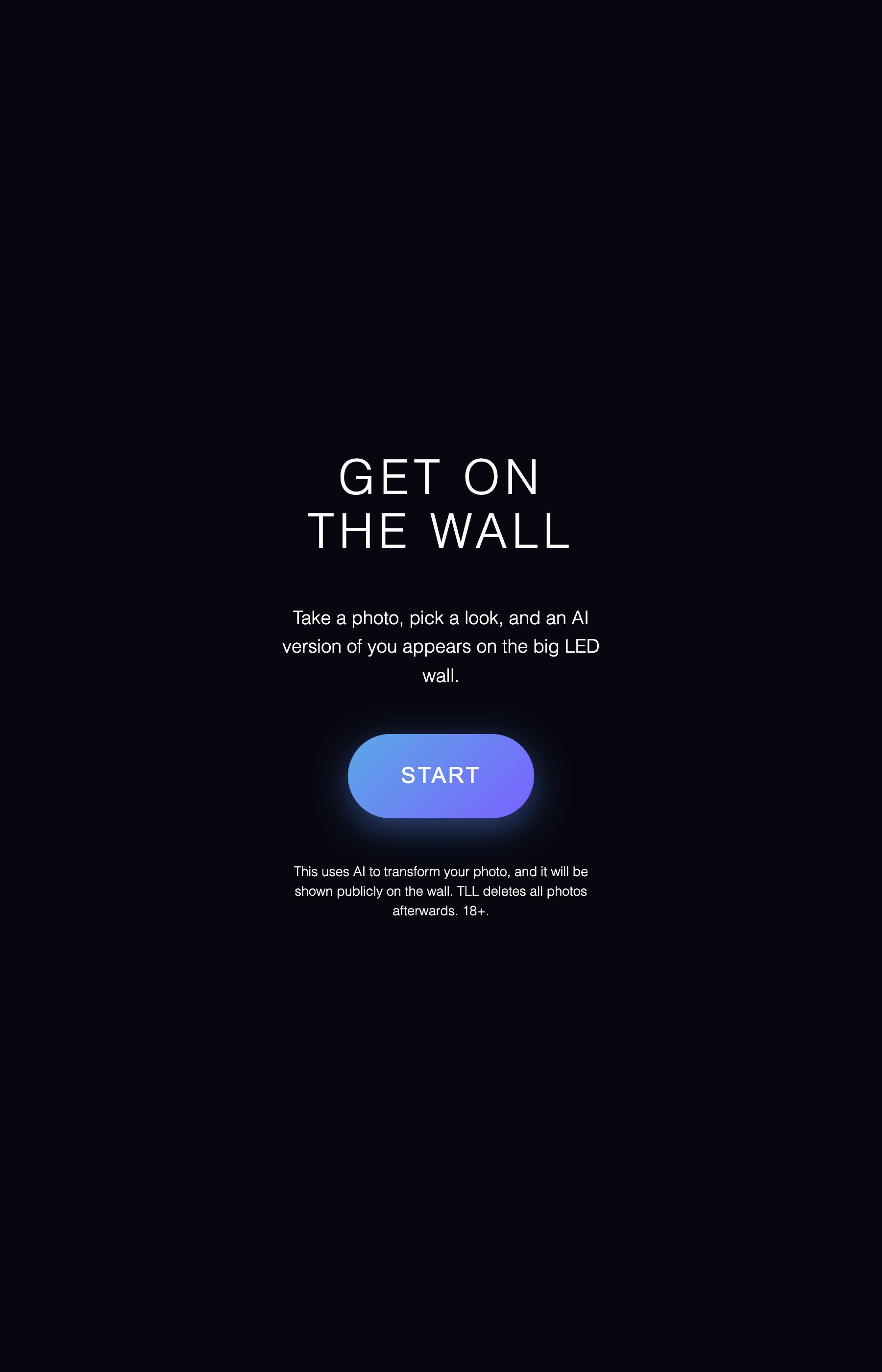 Kiosk start screen reading Get On The Wall with a start button