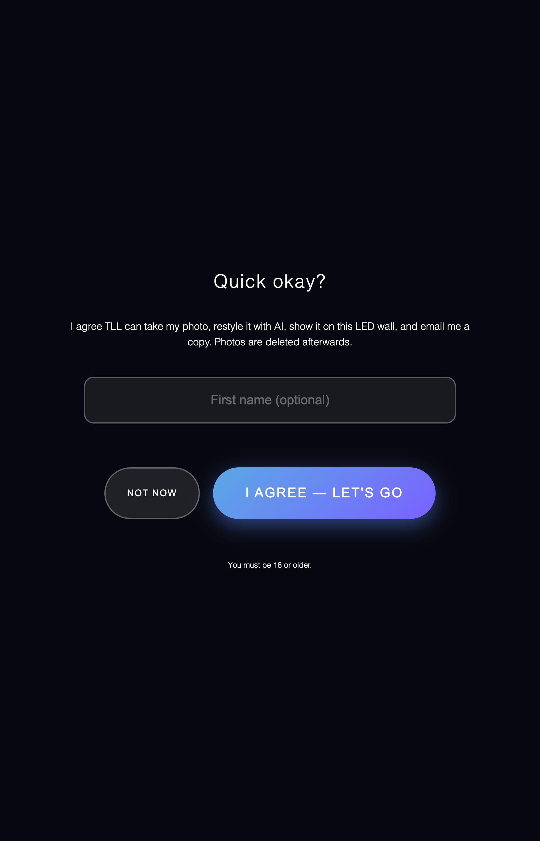 Kiosk consent screen with an optional first name field