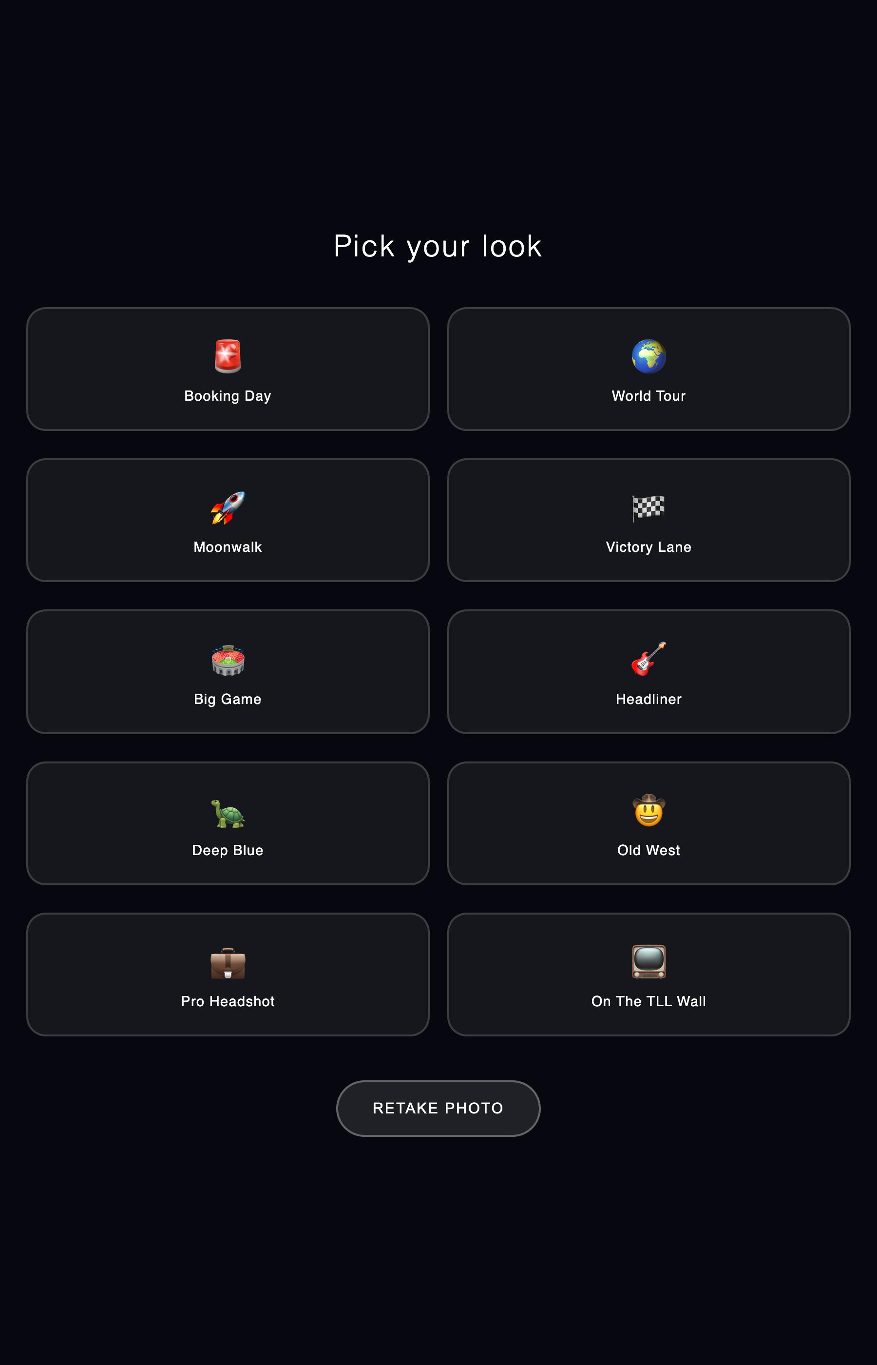 Kiosk screen showing a grid of ten selectable looks