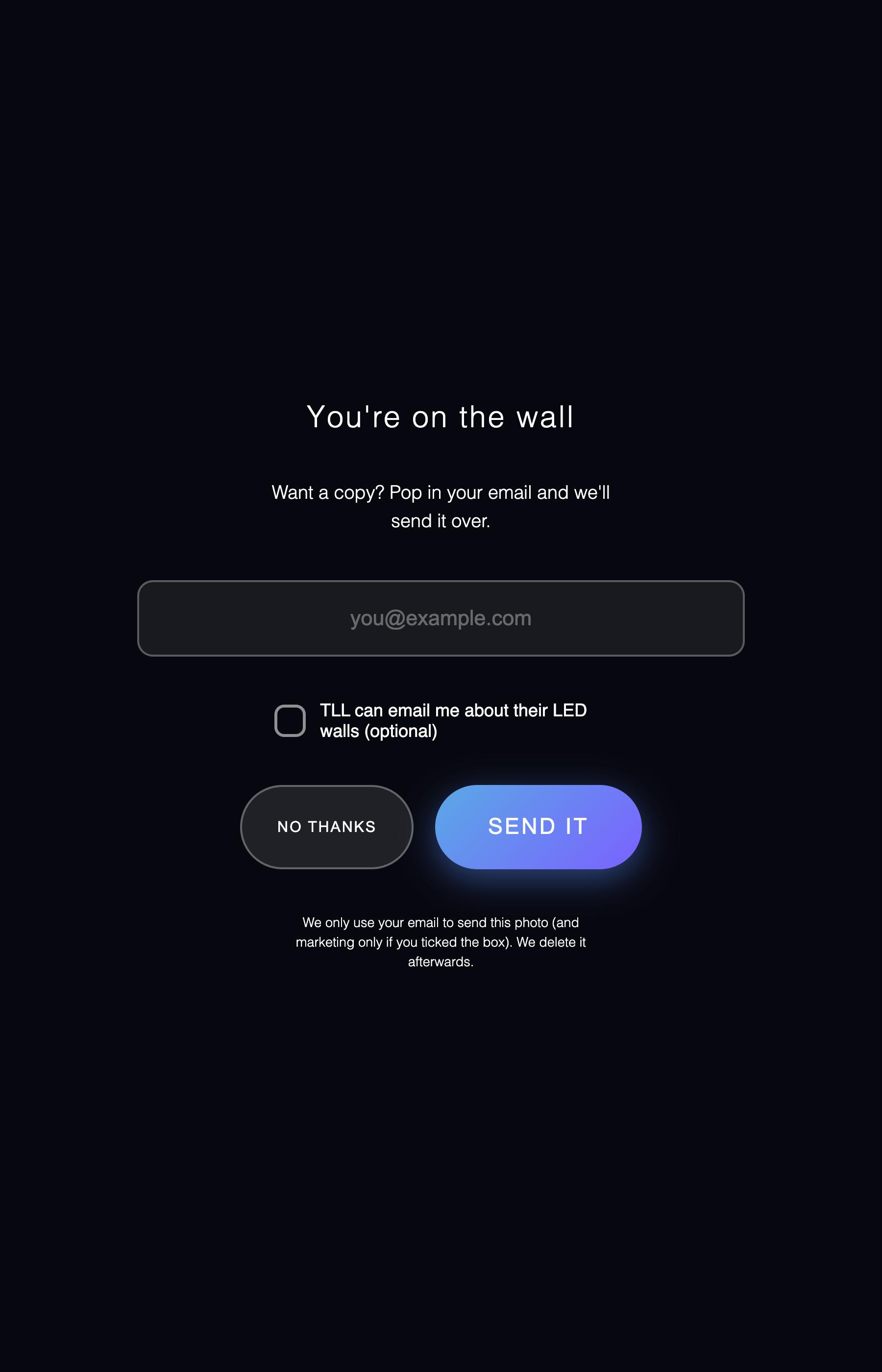 Kiosk email screen with an optional marketing opt-in checkbox