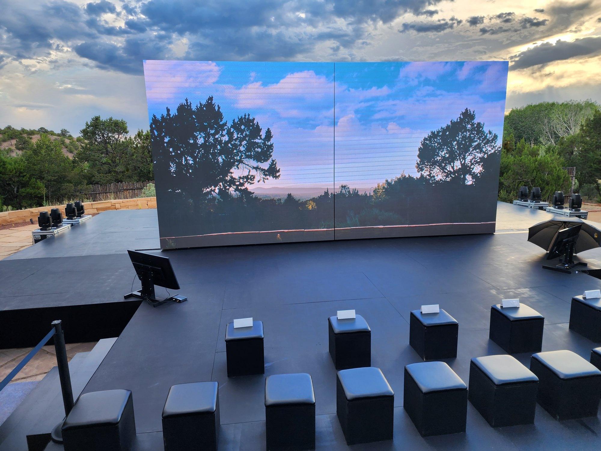 Automotive World Premiere, Santa Fe: Three LED walls, full lighting and audio, and a crewed reveal show for an automotive world premiere in Santa Fe, NM (2023), surveyed, built, run, and struck by TLL.