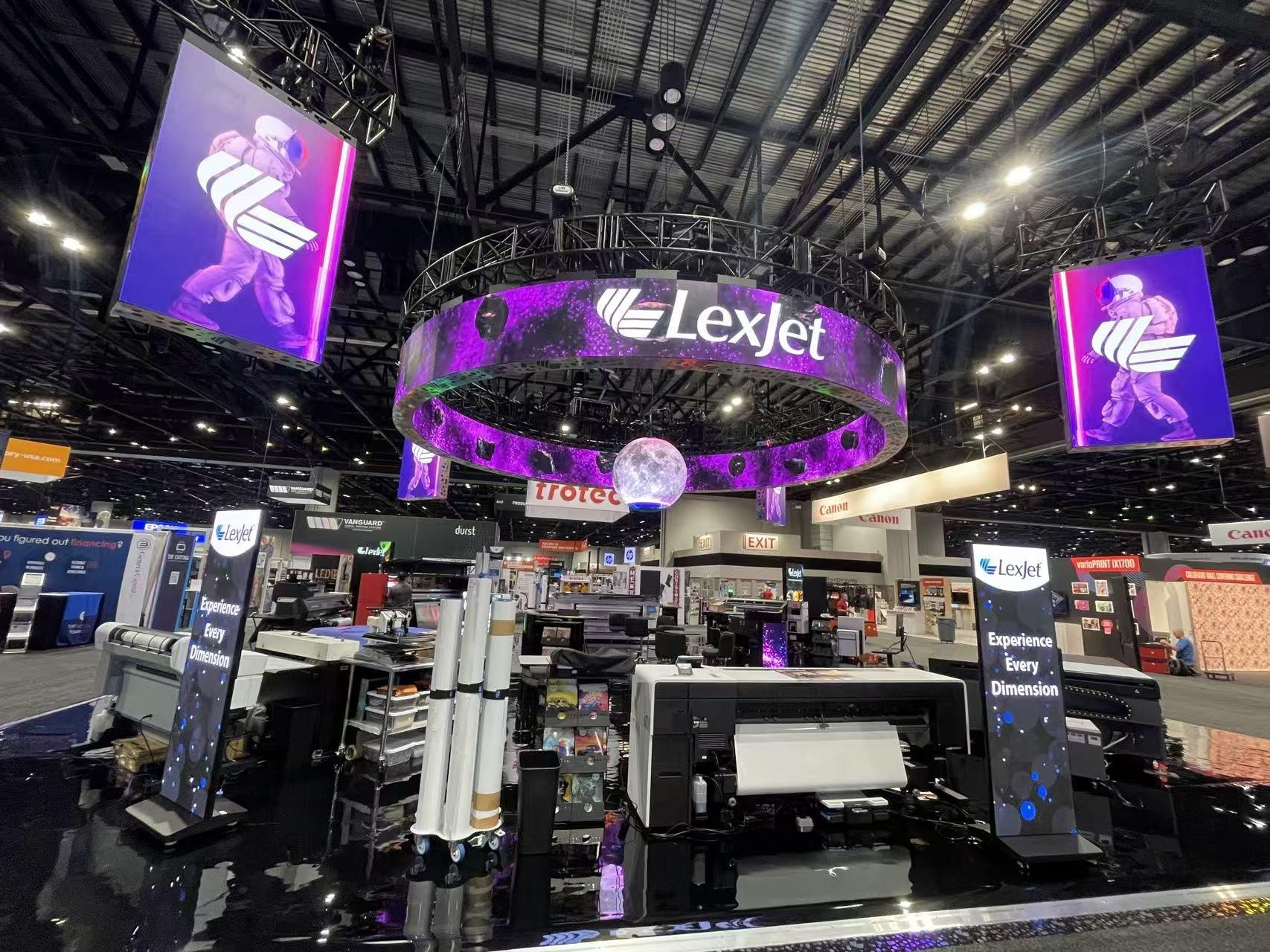 LED sphere rigged inside an LED ring at the LexJet Printing United booth