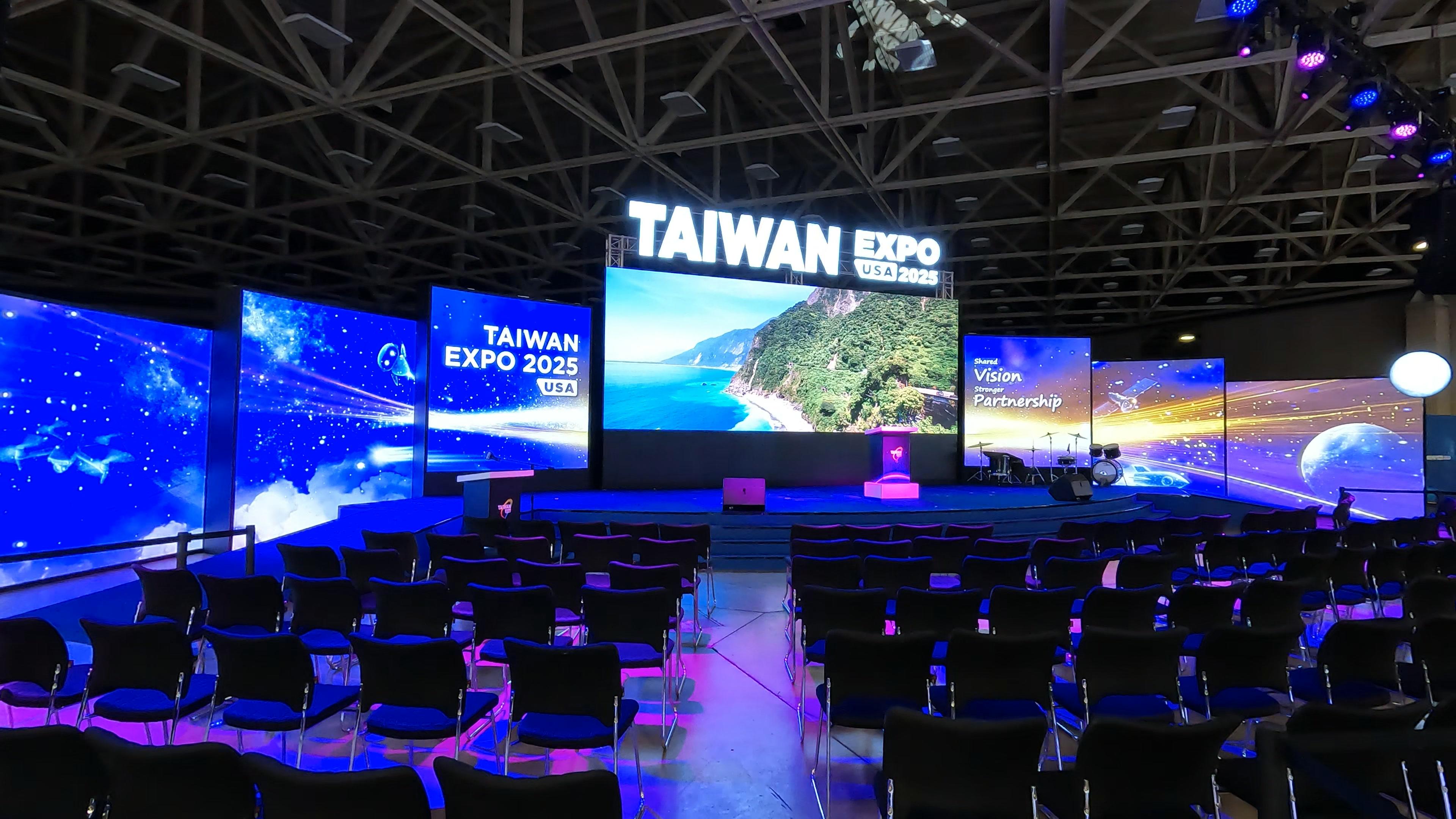 Taiwan Expo USA: Main-stage LED wall, lighting, and crew for Taiwan Expo USA at the Kay Bailey Hutchison Convention Center in Dallas, August 14-16, 2025.