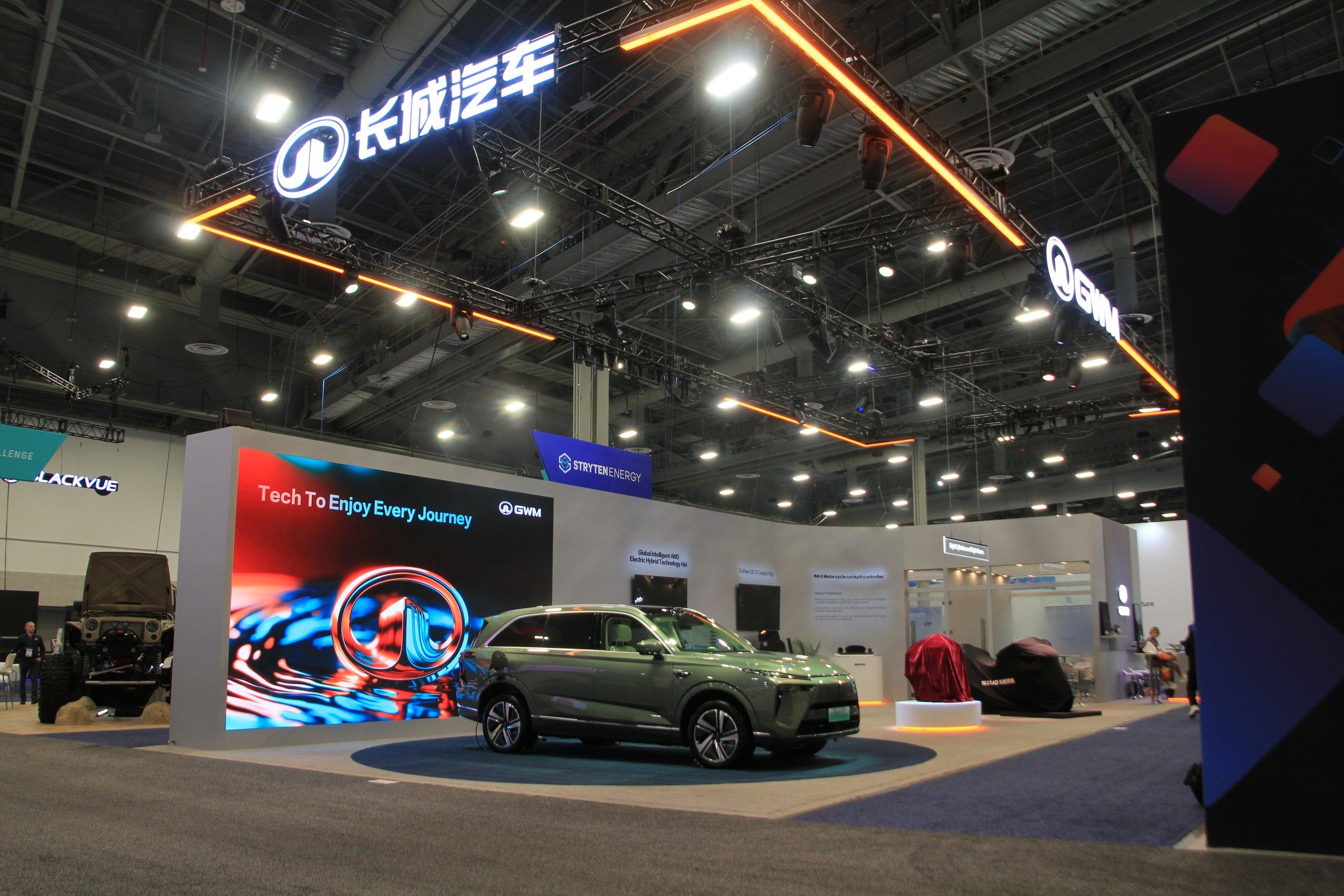 A ground-supported LED video wall on a trade-show floor